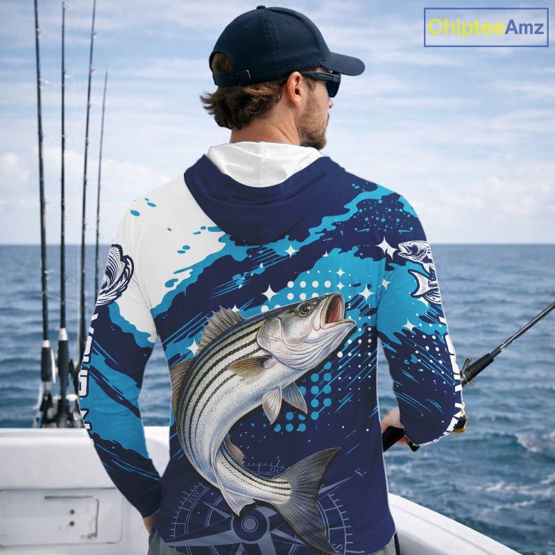 Custom Striped Bass Long Sleeve Hooded Fishing Shirts For Men, Design Striped Bass Fishing Jerseys NHT635