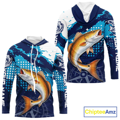 Custom Redfish Hooded Long Sleeve Fishing Shirts For Men, Design Redfish Fishing Jerseys NHT636