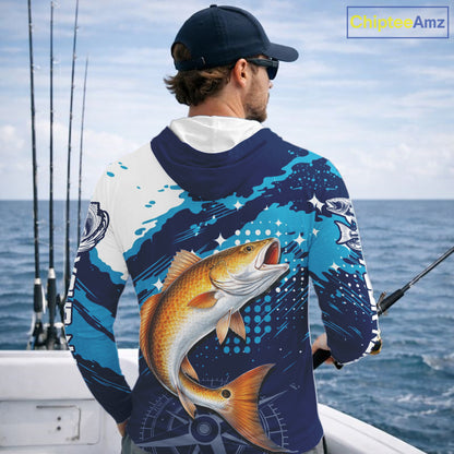 Custom Redfish Hooded Long Sleeve Fishing Shirts For Men, Design Redfish Fishing Jerseys NHT636