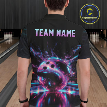 Custom Neon Glow Bowling Jersey, Personalized Purple Cyan Light Polo & Quarter-Zip Shirt NHT1170