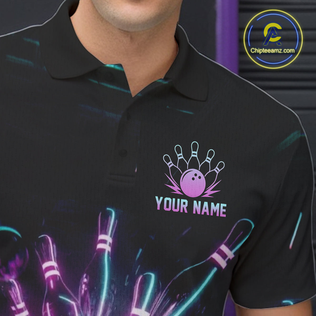 Black polo shirt with neon bowling design and customizable text on a dark background