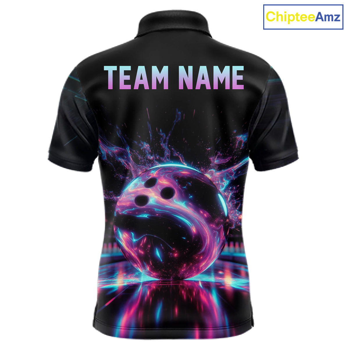 Black polo shirt with colorful design and 'TEAM NAME' text on the back, brand 'ChipteeAmz' visible.