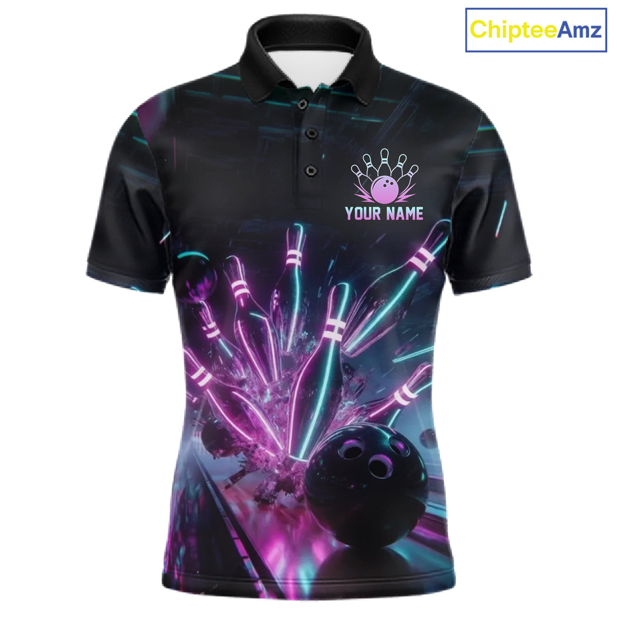 Custom Neon Glow Bowling Jersey, Personalized Purple Cyan Light Polo & Quarter-Zip Shirt 