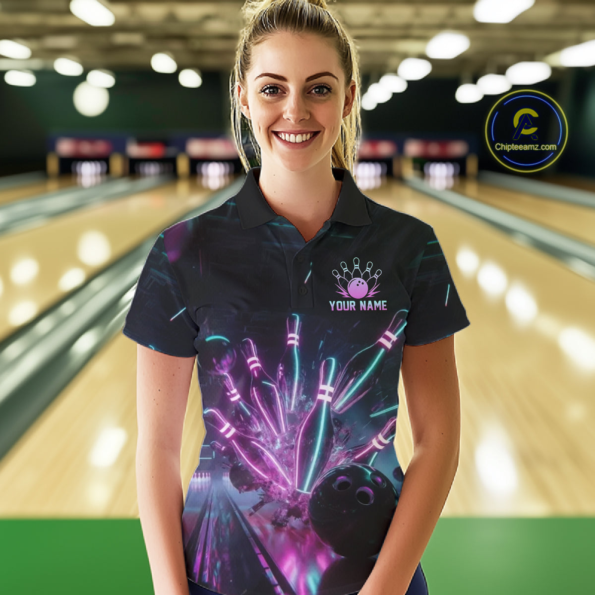 Woman wearing a custom bowling shirt with a colorful design in a bowling alley.