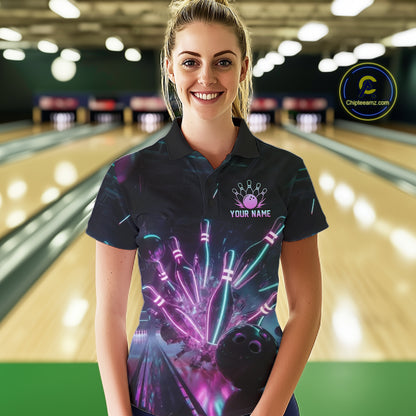 Woman wearing a custom bowling shirt with a colorful design in a bowling alley.