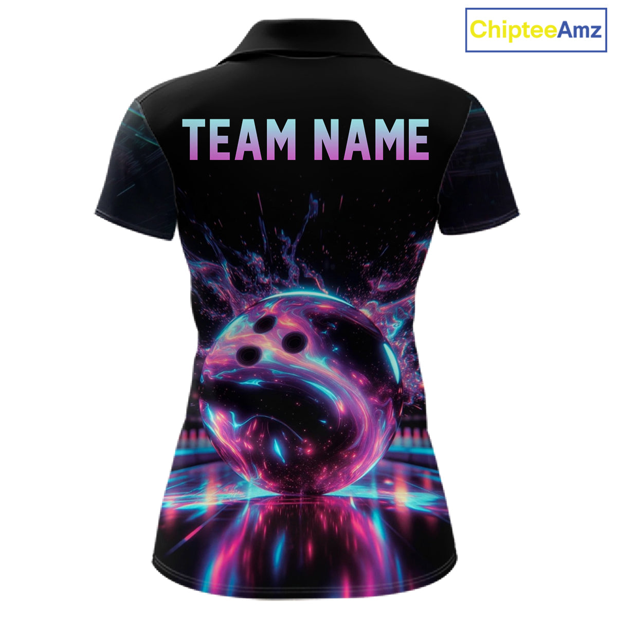 Black polo shirt with colorful design and 'TEAM NAME' text on the back, brand 'ChipteeAmz' visible.