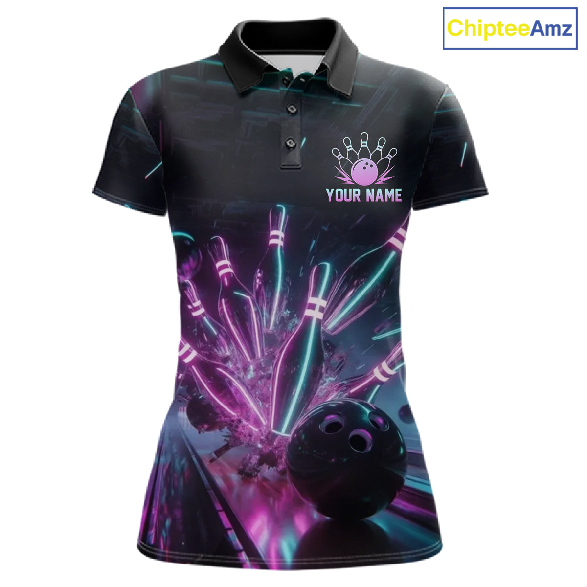 Custom Neon Glow Women Bowling Jersey, Personalized Purple Cyan Light Polo & Quarter-Zip Shirt 