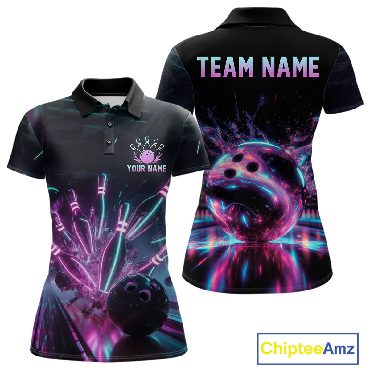 Bowling-themed polo shirt with colorful design on front and back, featuring 'Team Name' and 'Your Name' text.