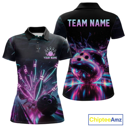 Bowling-themed polo shirt with colorful design on front and back, featuring 'Team Name' and 'Your Name' text.