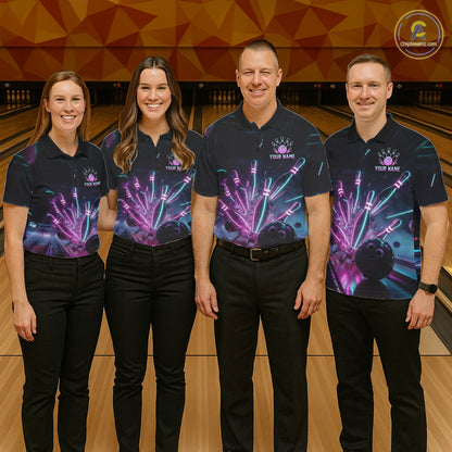Custom Neon Glow Bowling Jersey, Personalized Purple Cyan Light Polo & Quarter-Zip Shirt NHT1170