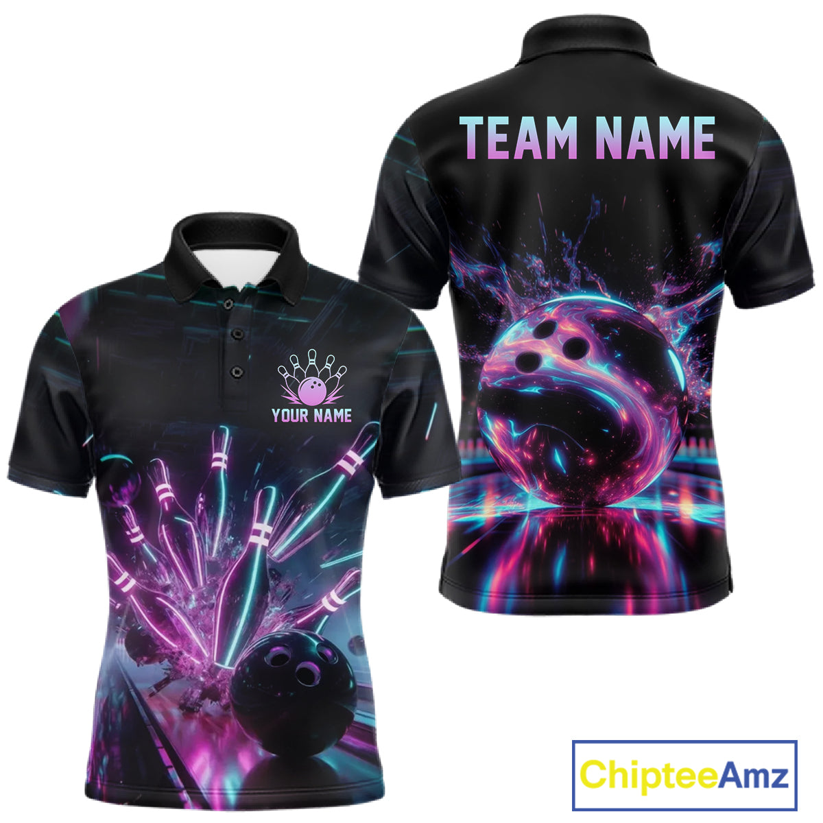 Black bowling-themed polo shirt with colorful design on a white background, featuring 'TEAM NAME' and 'Your Name' text.