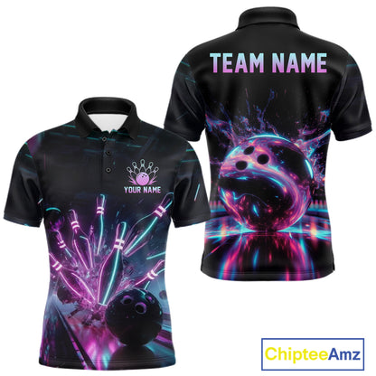 Black bowling-themed polo shirt with colorful design on a white background, featuring 'TEAM NAME' and 'Your Name' text.