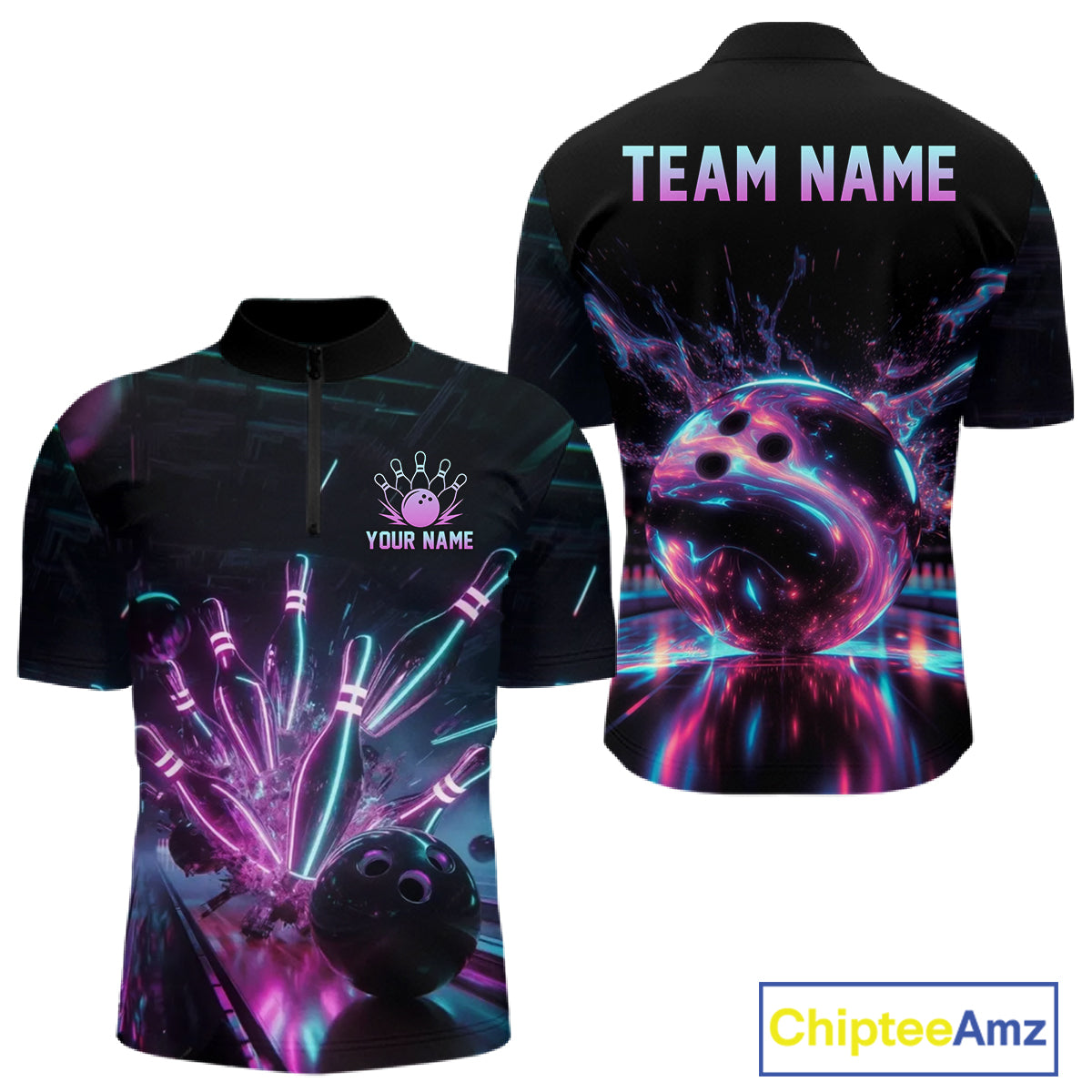 Bowling shirt with colorful design and customizable text on a white background