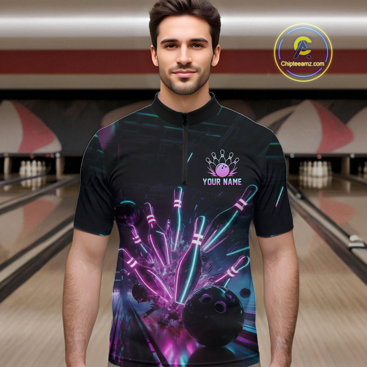 Custom Neon Glow Bowling Jersey, Personalized Purple Cyan Light Polo & Quarter-Zip Shirt NHT1170