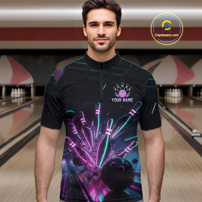 Custom Neon Glow Bowling Jersey, Personalized Purple Cyan Light Polo & Quarter-Zip Shirt NHT1170