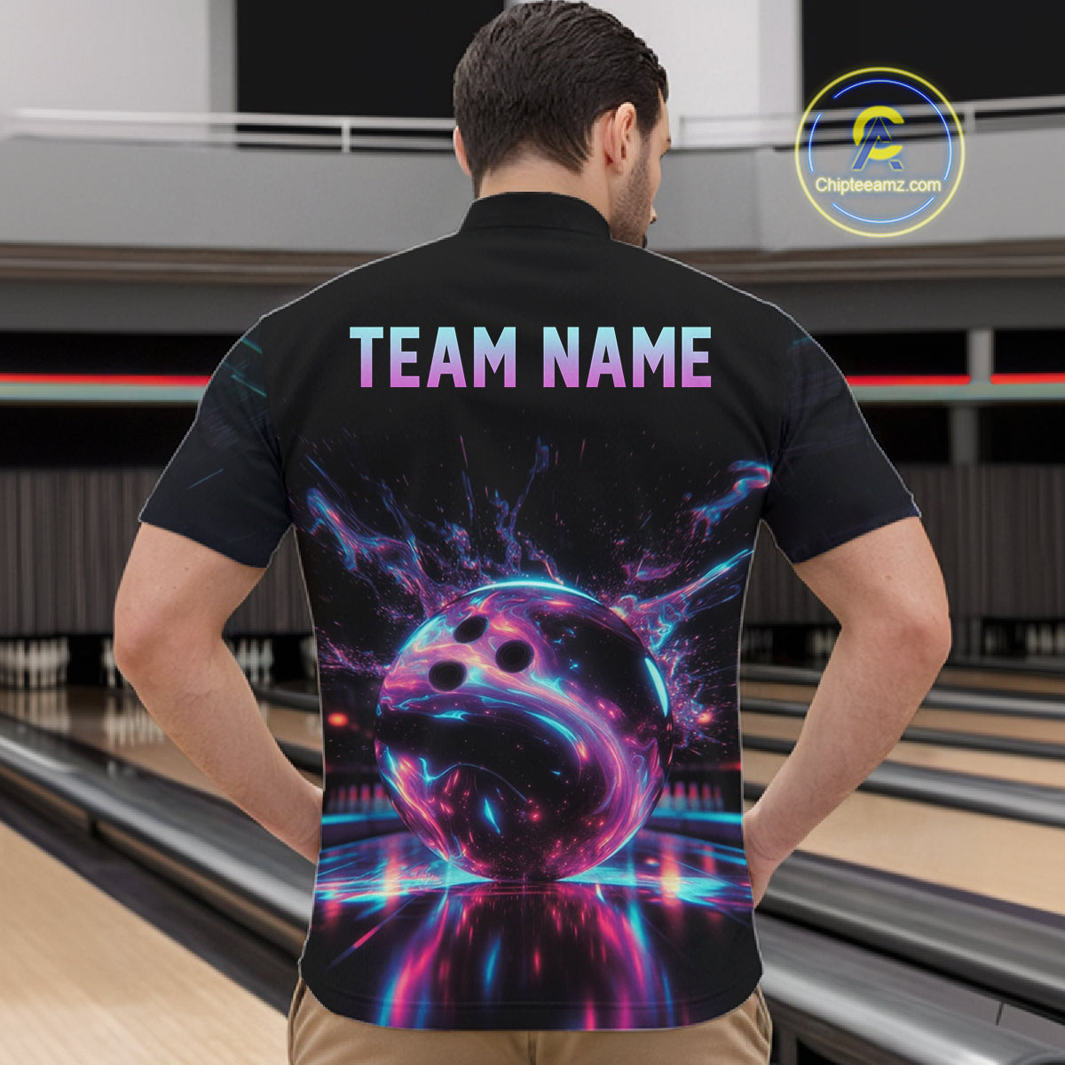 Custom Neon Glow Bowling Jersey, Personalized Purple Cyan Light Polo & Quarter-Zip Shirt NHT1170