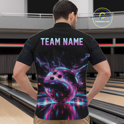 Custom Neon Glow Bowling Jersey, Personalized Purple Cyan Light Polo & Quarter-Zip Shirt NHT1170