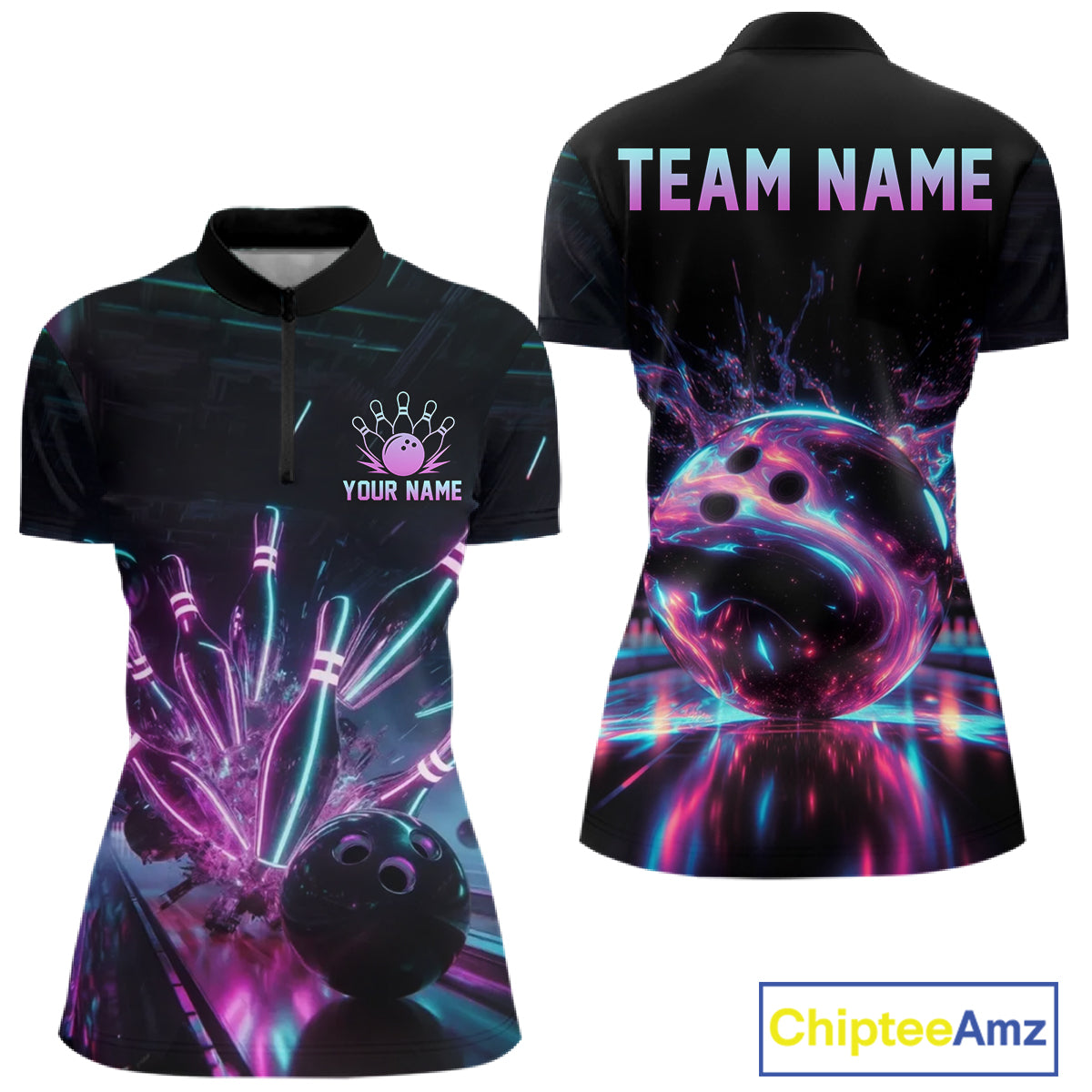Bowling-themed polo shirt with colorful design and customizable text on a white background