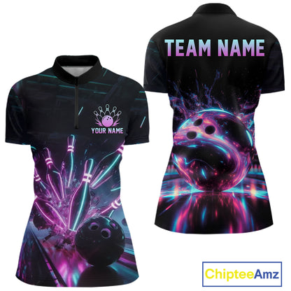 Bowling-themed polo shirt with colorful design and customizable text on a white background