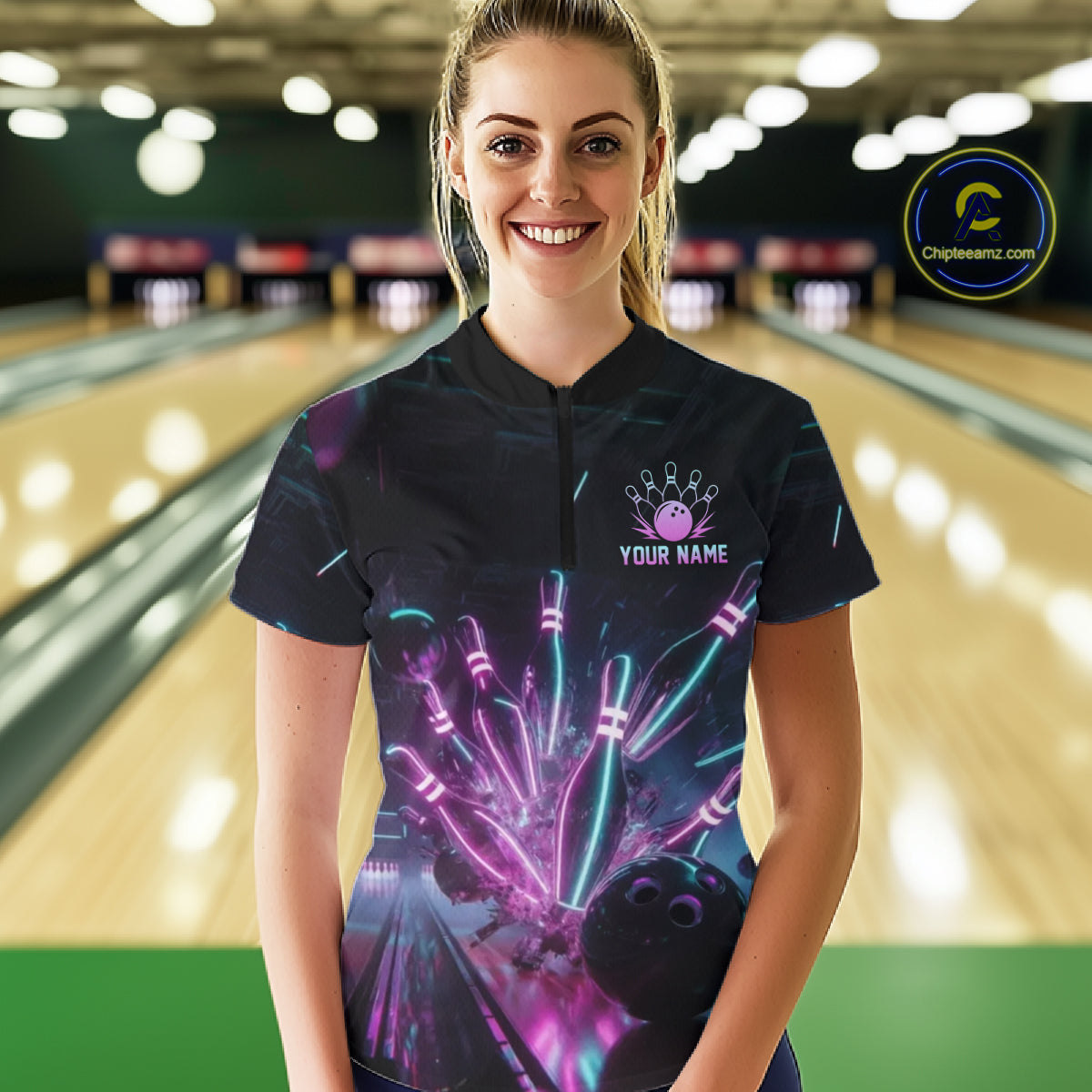 Woman wearing a custom bowling shirt with a colorful design and 'Your Name' text in a bowling alley.