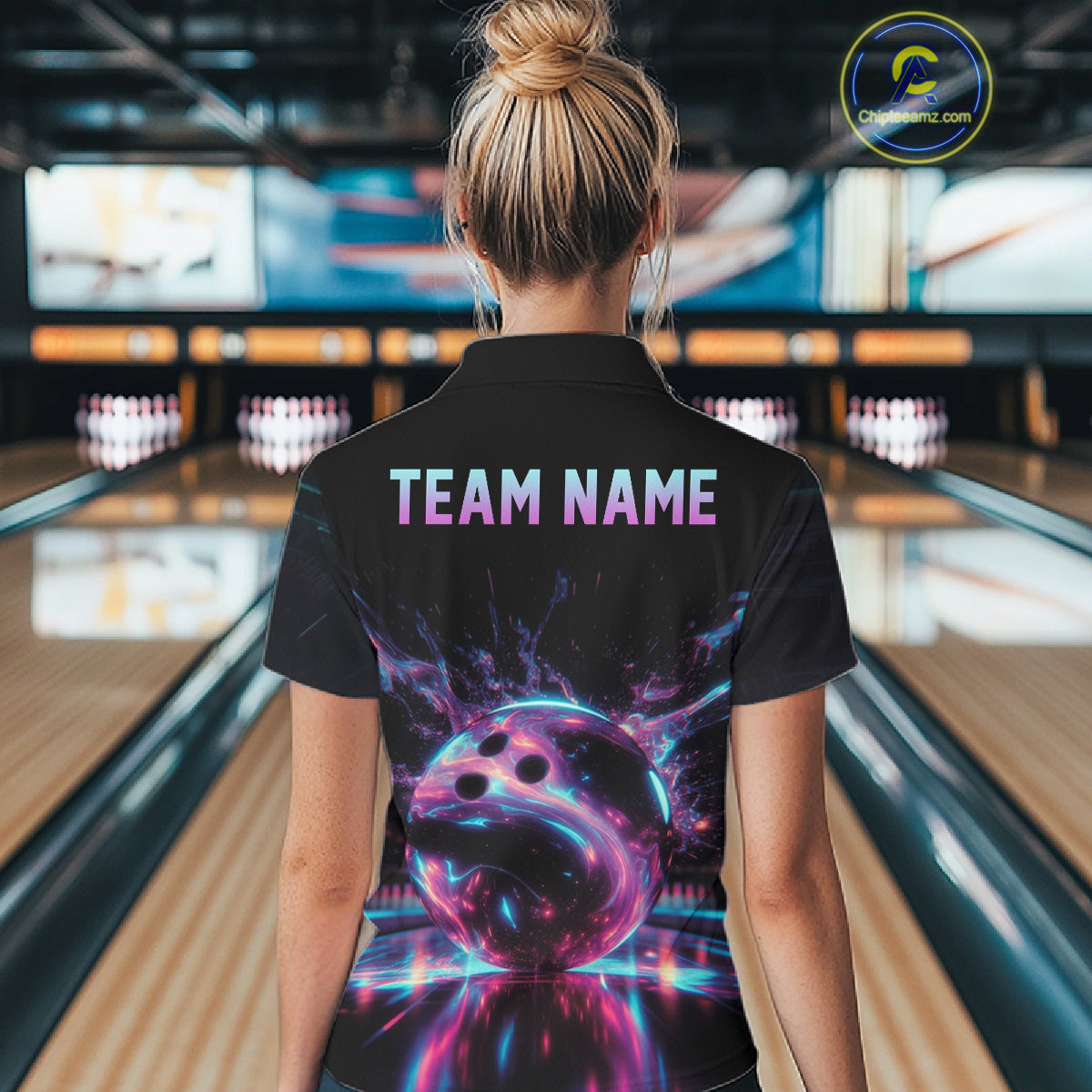 Custom Neon Glow Women Bowling Jersey, Personalized Purple Cyan Light Polo & Quarter-Zip Shirt NHT1170