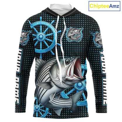 Personalized Striped Bass Fishing Jerseys, Hooded Bass Performance Fishing Shirt Custom Name NHT501