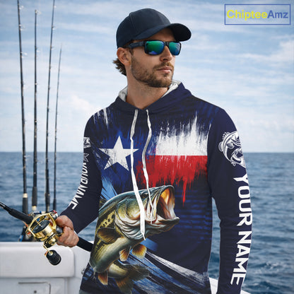 Personalized Bass Long Sleeve Performance Fishing Shirts, Hooded Bass Custom Texas Fishing Jersey  NHT502