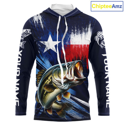 Personalized Bass Long Sleeve Performance Fishing Shirts, Hooded Bass Custom Texas Fishing Jersey  NHT502