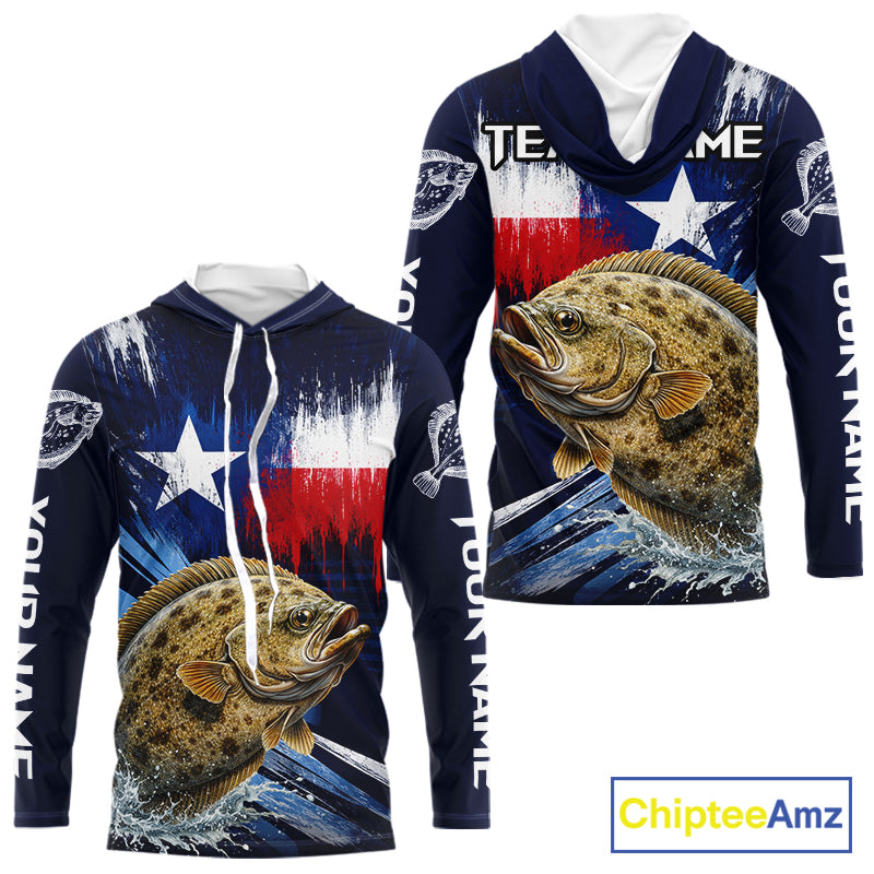 Personalized Flounder Long Sleeve Performance Fishing Shirts, Hooded Flounder Custom Texas Fishing Jersey NHT504