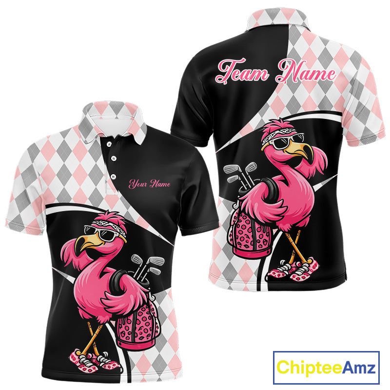 Funny Pink Flamingo Pattern Argyle Golf Polo Shirt For Men, Custom Flamingo Golf Shirt For Team NHT652