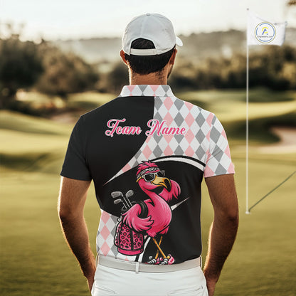 Funny Pink Flamingo Pattern Argyle Golf Polo Shirt For Men, Custom Flamingo Golf Shirt For Team NHT652