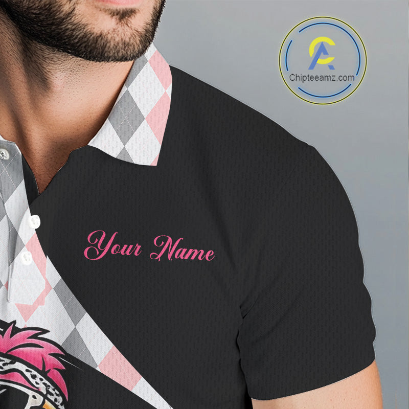 Funny Pink Flamingo Pattern Argyle Golf Polo Shirt For Men, Custom Flamingo Golf Shirt For Team NHT652