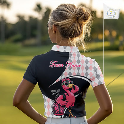 Funny Pink Flamingo Pattern Argyle Golf Polo Shirt For Womens, Custom Flamingo Golf Shirt For Team NHT652