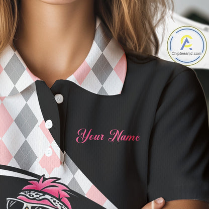 Funny Pink Flamingo Pattern Argyle Golf Polo Shirt For Womens, Custom Flamingo Golf Shirt For Team NHT652