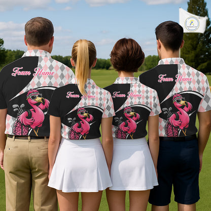 Funny Pink Flamingo Pattern Argyle Golf Polo Shirt For Men, Custom Flamingo Golf Shirt For Team NHT652