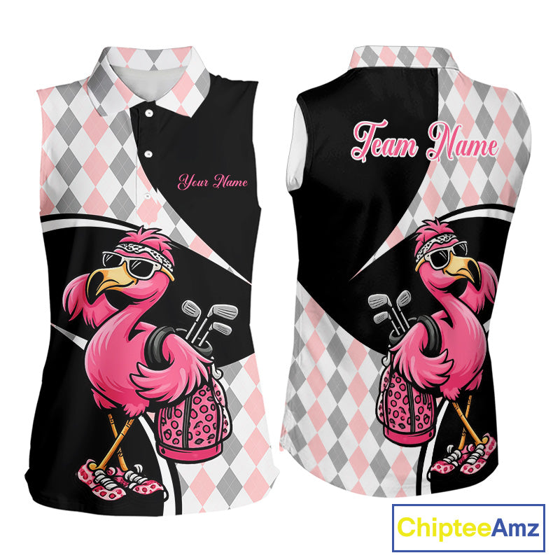 Funny Pink Flamingo Pattern Argyle Sleeveless Womens Golf Polo Shirt, Custom Flamingo Golf Shirt For Team NHT652