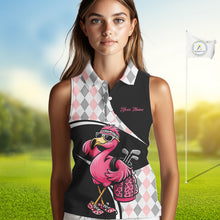Load image into Gallery viewer, Funny Pink Flamingo Pattern Argyle Sleeveless Womens Golf Polo Shirt, Custom Flamingo Golf Shirt For Team NHT652