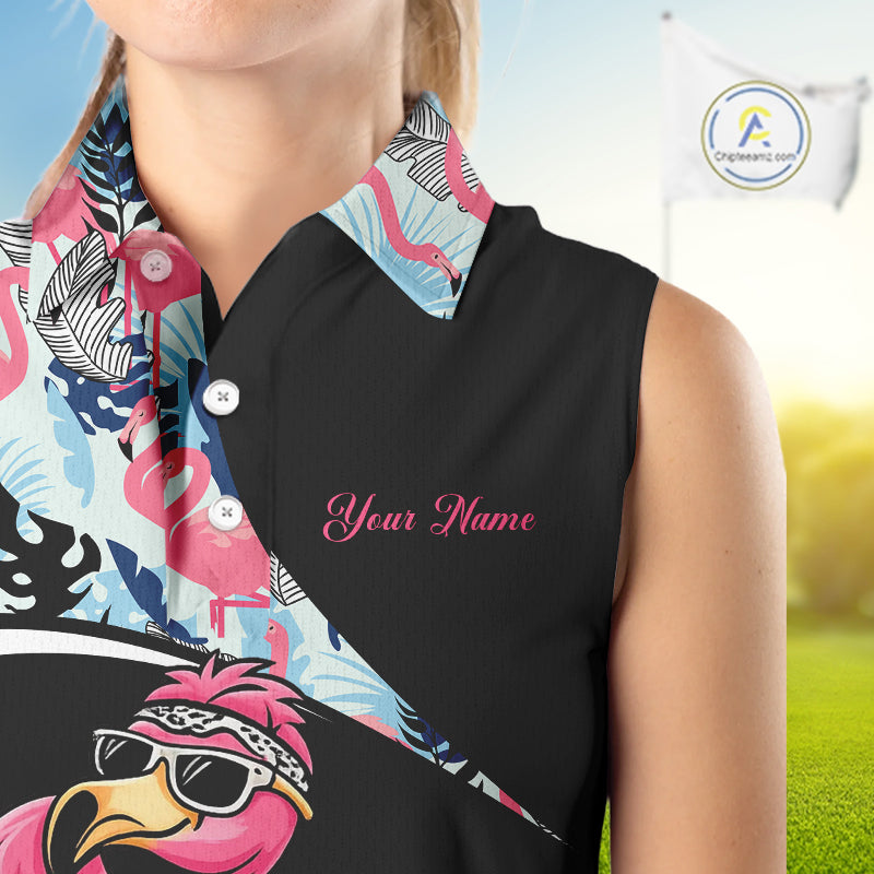 Funny Pink Flamingo Pattern Tropical Flamingo Sleeveless Womens Golf Polo Shirt, Custom Flamingo Golf Shirt For Team NHT653