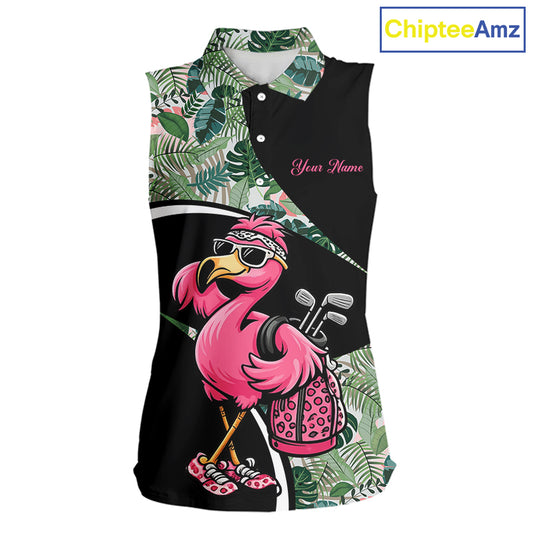 Funny Pink Flamingo Pattern Green Tropical Sleeveless Womens Golf Polo Shirt, Custom Flamingo Golf Shirt For Team NHT654