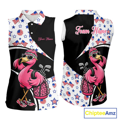 Funny Pink Flamingo Pattern American Flag Sleeveless Womens Golf Polo Shirt, Custom Flamingo Golf Shirt For Team NHT655