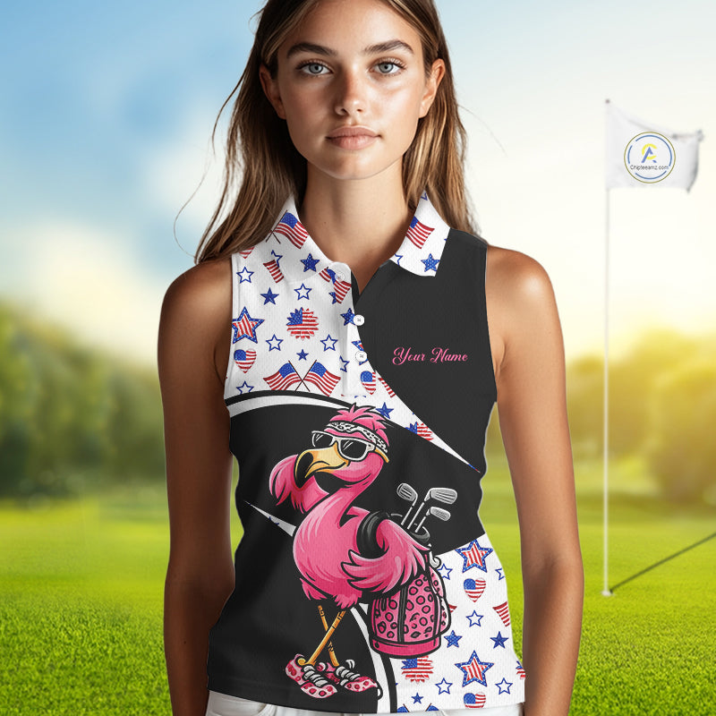 Funny Pink Flamingo Pattern American Flag Sleeveless Womens Golf Polo Shirt, Custom Flamingo Golf Shirt For Team NHT655