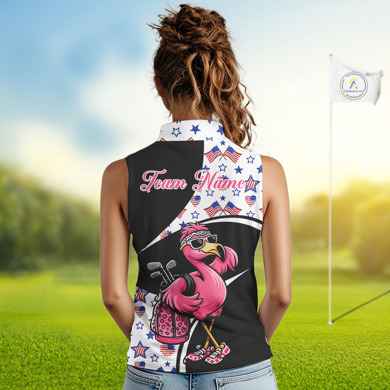 Funny Pink Flamingo Pattern American Flag Sleeveless Womens Golf Polo Shirt, Custom Flamingo Golf Shirt For Team NHT655