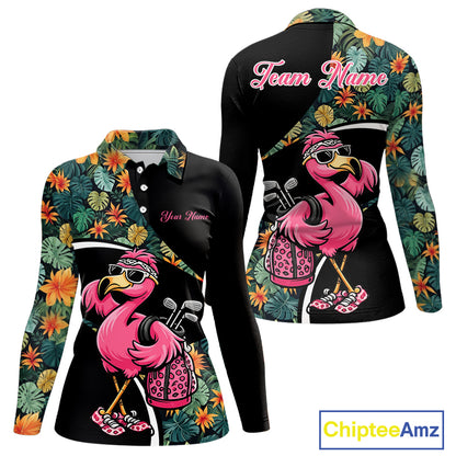 Funny Pink Flamingo Green Tropical Golf Polo Shirt For Womens, Custom Flamingo Golf Shirt For Team NHT656