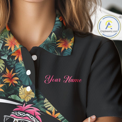 Funny Pink Flamingo Green Tropical Golf Polo Shirt For Womens, Custom Flamingo Golf Shirt For Team NHT656