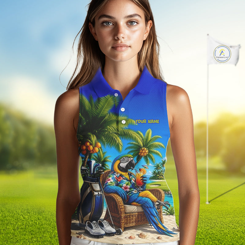 Custom Team Name Tropical Sleeveless Women Golf Polo Shirt – Funny Macaw Parrot Beach Golf Shirt For Womens NHT859