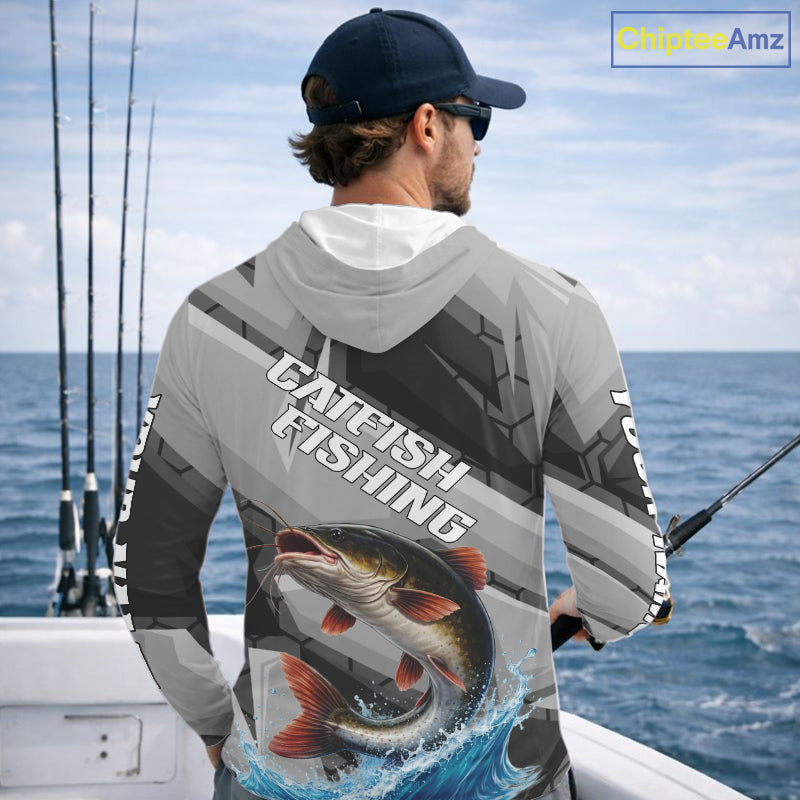 Gray Camo Custom Catfish Fishing Shirts Long Sleeve, Catfish Fishing Jerseys For Men NHT445