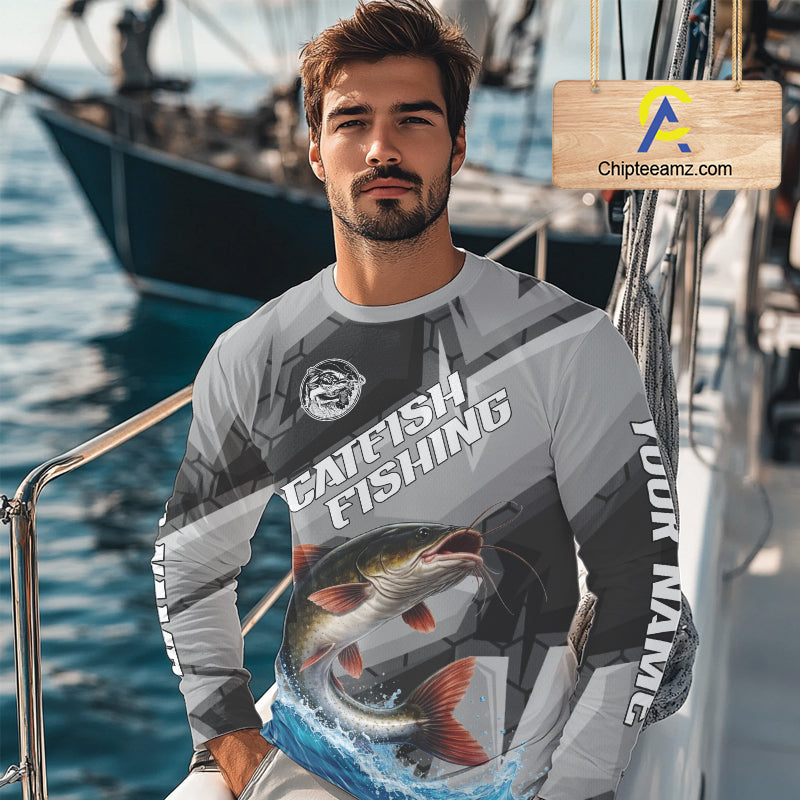 Gray Camo Custom Catfish Fishing Shirts Long Sleeve, Catfish Fishing Jerseys For Men NHT445