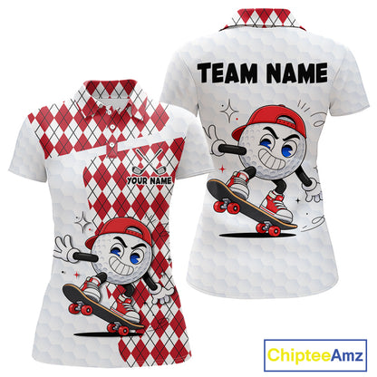 Womens Golf Polo Shirt Argyle Pattern Golf Shirts For Womens Funny Golf Ball Shirt Gifts|Red  NHT861