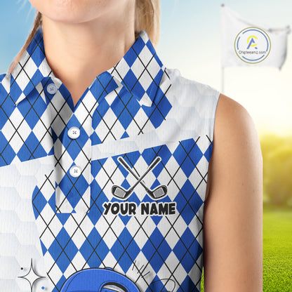 Sleeveless Women Golf Polo Shirt Argyle Pattern Golf Shirts For Womens Funny Golf Ball Shirt Gifts|Blue NHT862