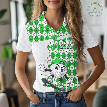Womens Golf Polo Shirt Argyle Pattern Golf Shirts For Womens Funny Golf Ball Shirt Gifts|Green NHT863